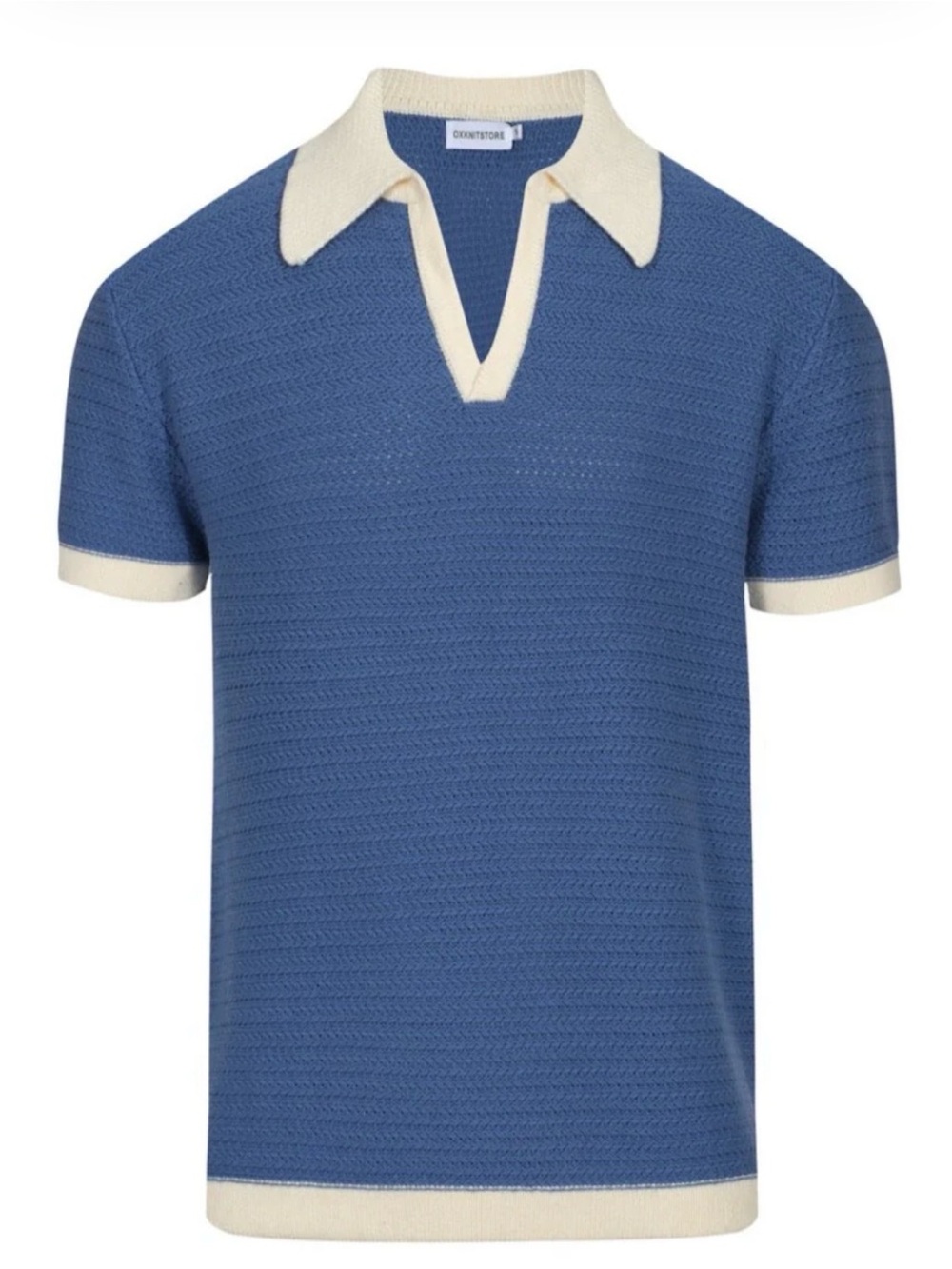 👕 NEW MEN'S 70S KNIT POLO-WIDE COLLAR RETRO SHORT SLEEVE IN BLUE & CREAM, XXL 👕